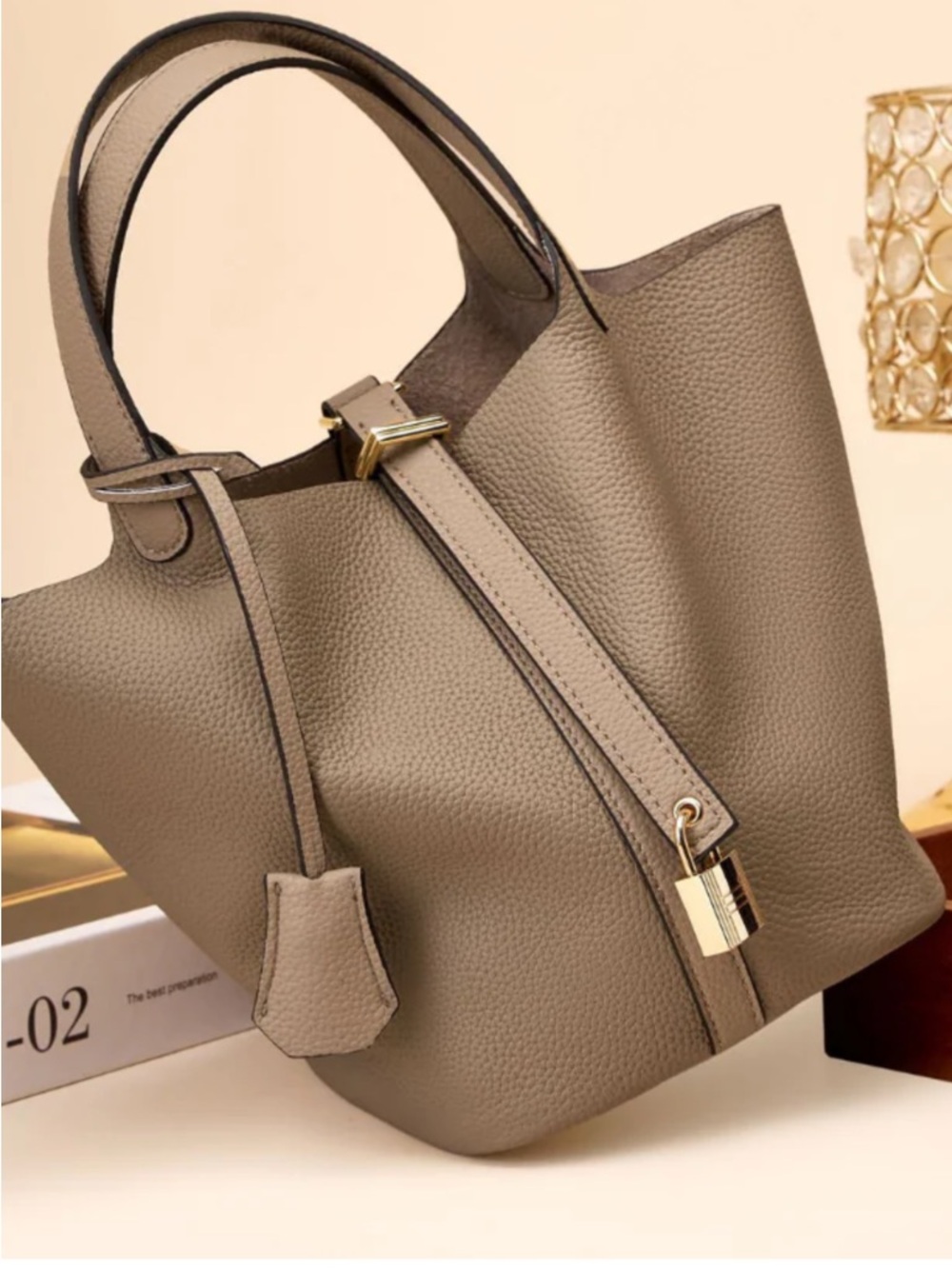 Structured Tote Bag in Olive Brown with Gold Hardware